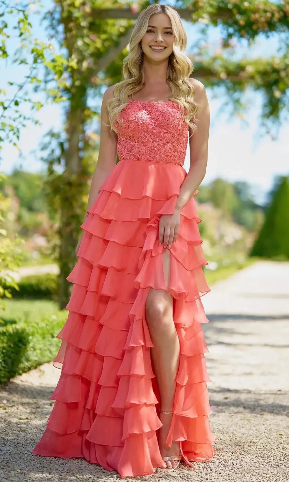 Coral Strapless Prom Dress with Embroidered Bodice and Tiered Chiffon Skirt featuring Side Slit for Evening Events