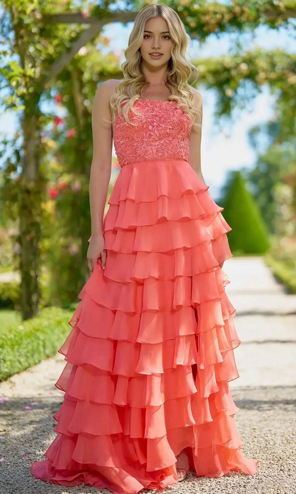 Coral Strapless Prom Dress with Embroidered Bodice and Tiered Chiffon Skirt featuring Side Slit for Evening Events