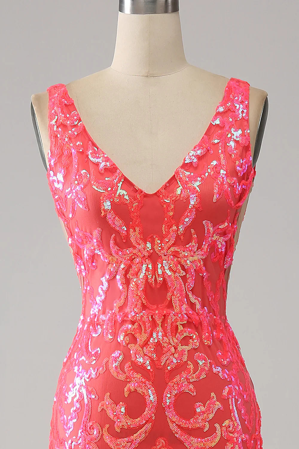 DingJiDress Coral Charming Mermaid Deep V Neck Sparkly Sequin Prom Dress with Embroidery
