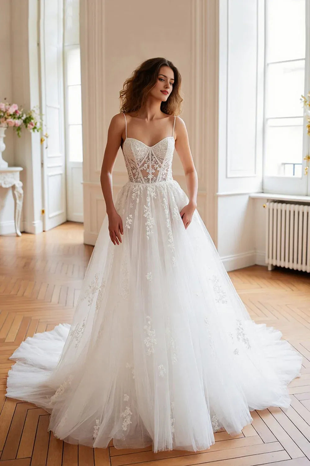 Corset Spaghetti Straps Tulle Sweep Train Wedding Dress with Appliques