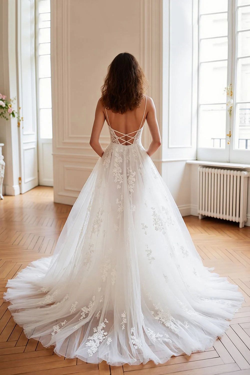 Corset Spaghetti Straps Tulle Sweep Train Wedding Dress with Appliques