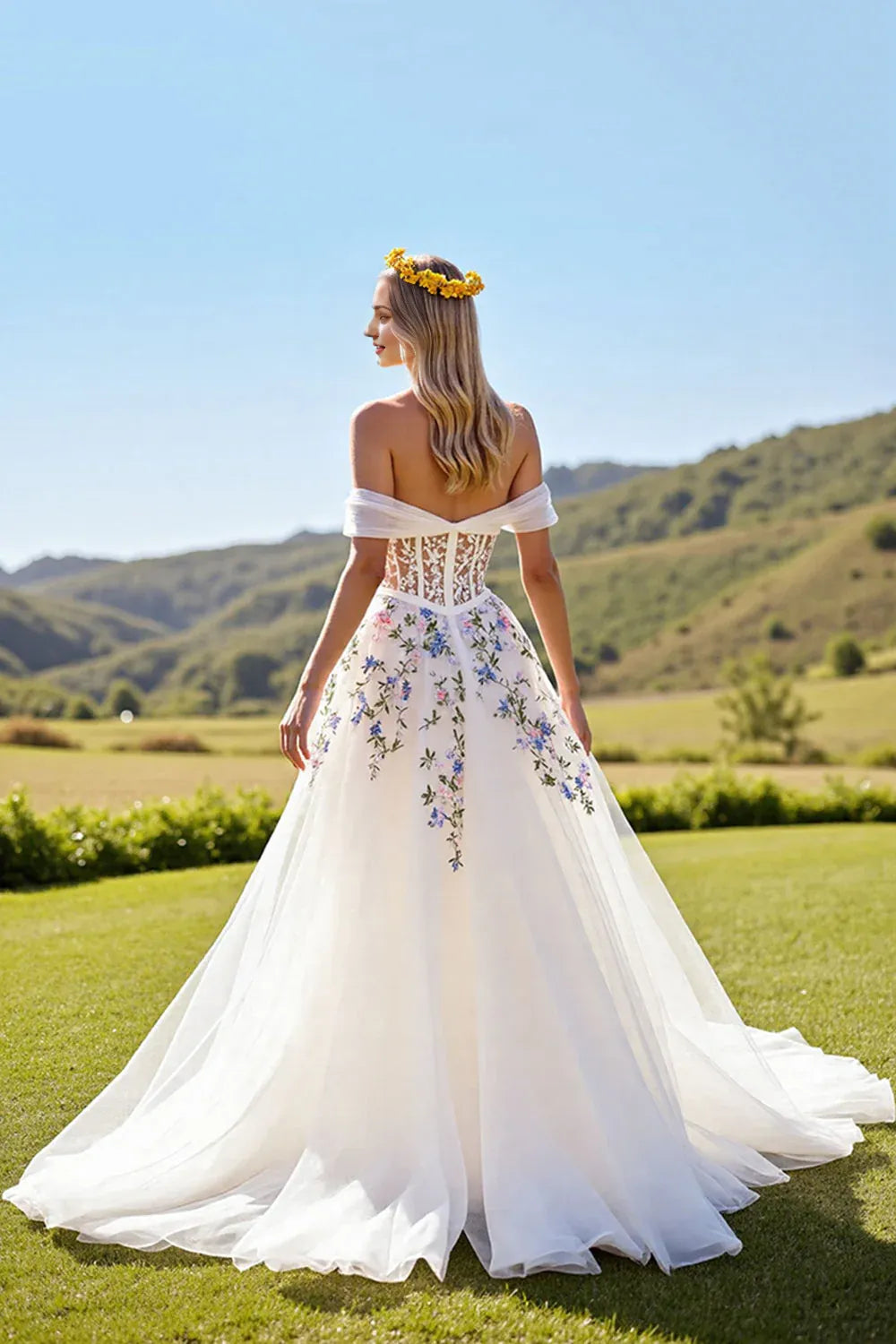 Corset Tulle Off the Shoulder Sweep Train Floral Wedding Dress