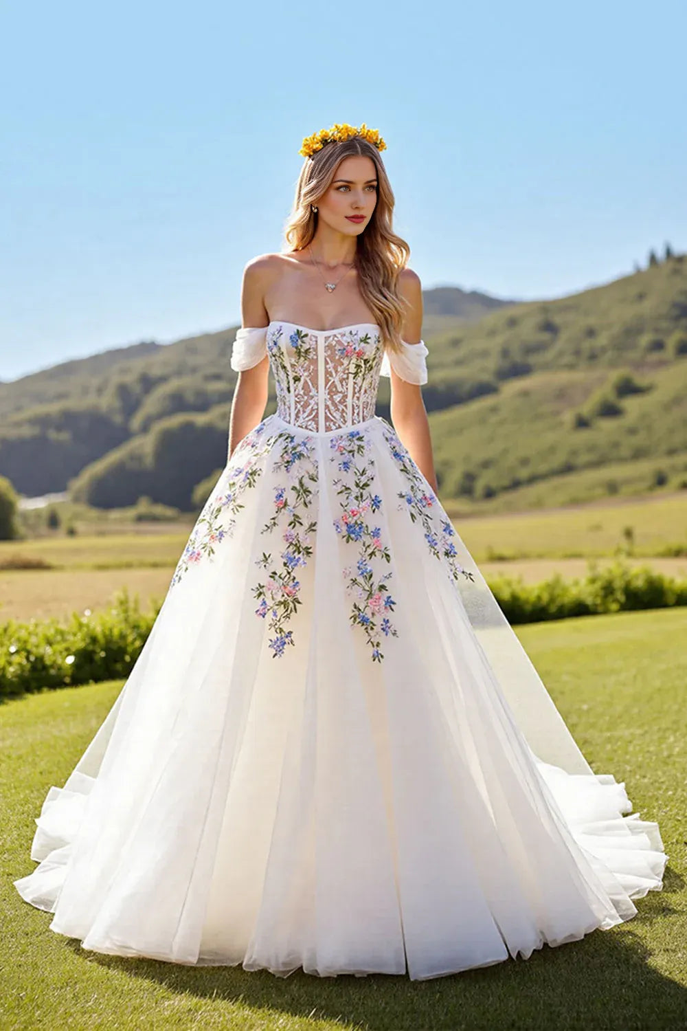 Corset Tulle Off the Shoulder Sweep Train Floral Wedding Dress