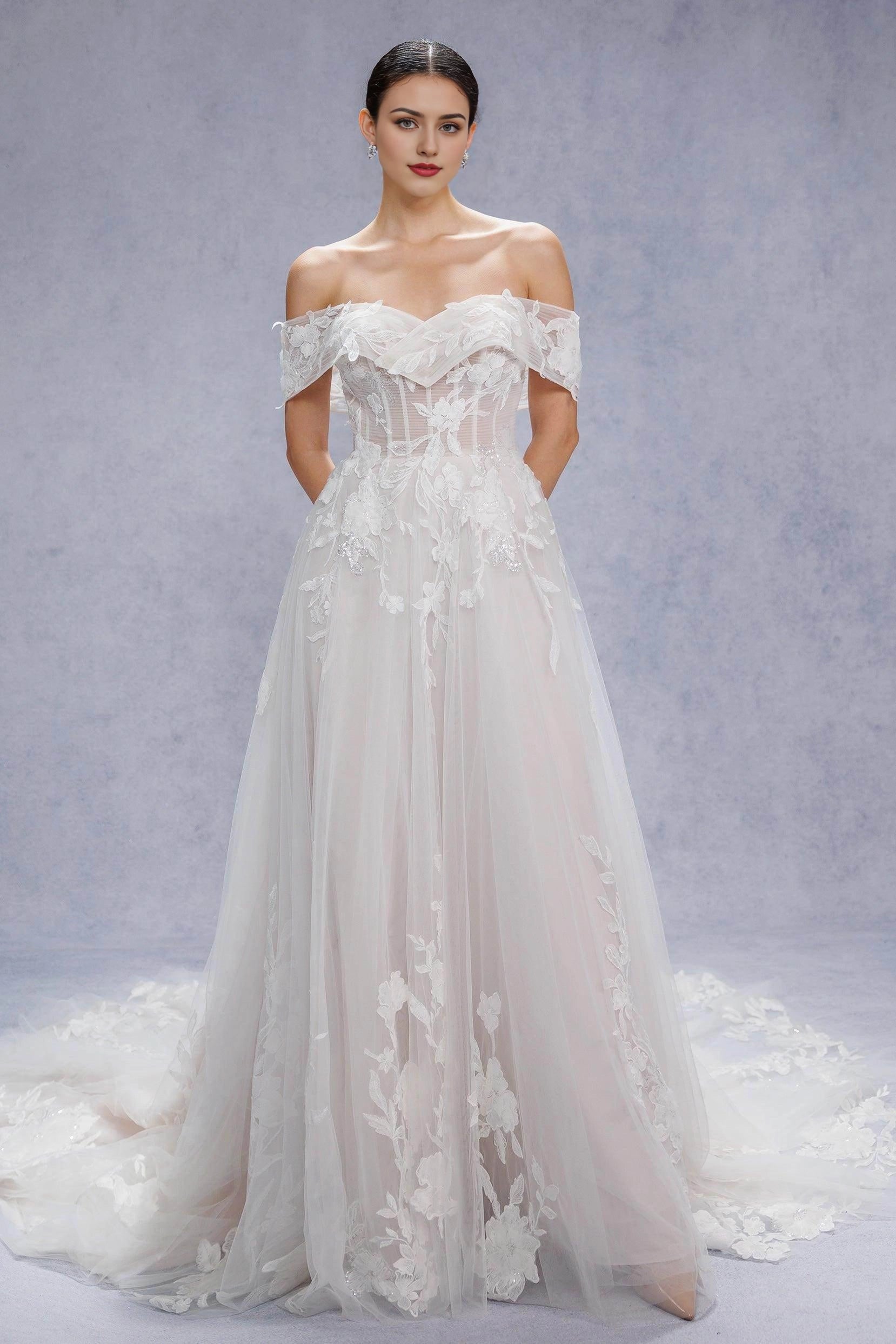 Court Train Lace Tulle Wedding Dress