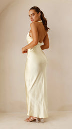 Cream Halter Neck Satin Prom Dress with Deep V - neck Ideal for Sophisticated Prom Nights and Formal Galas