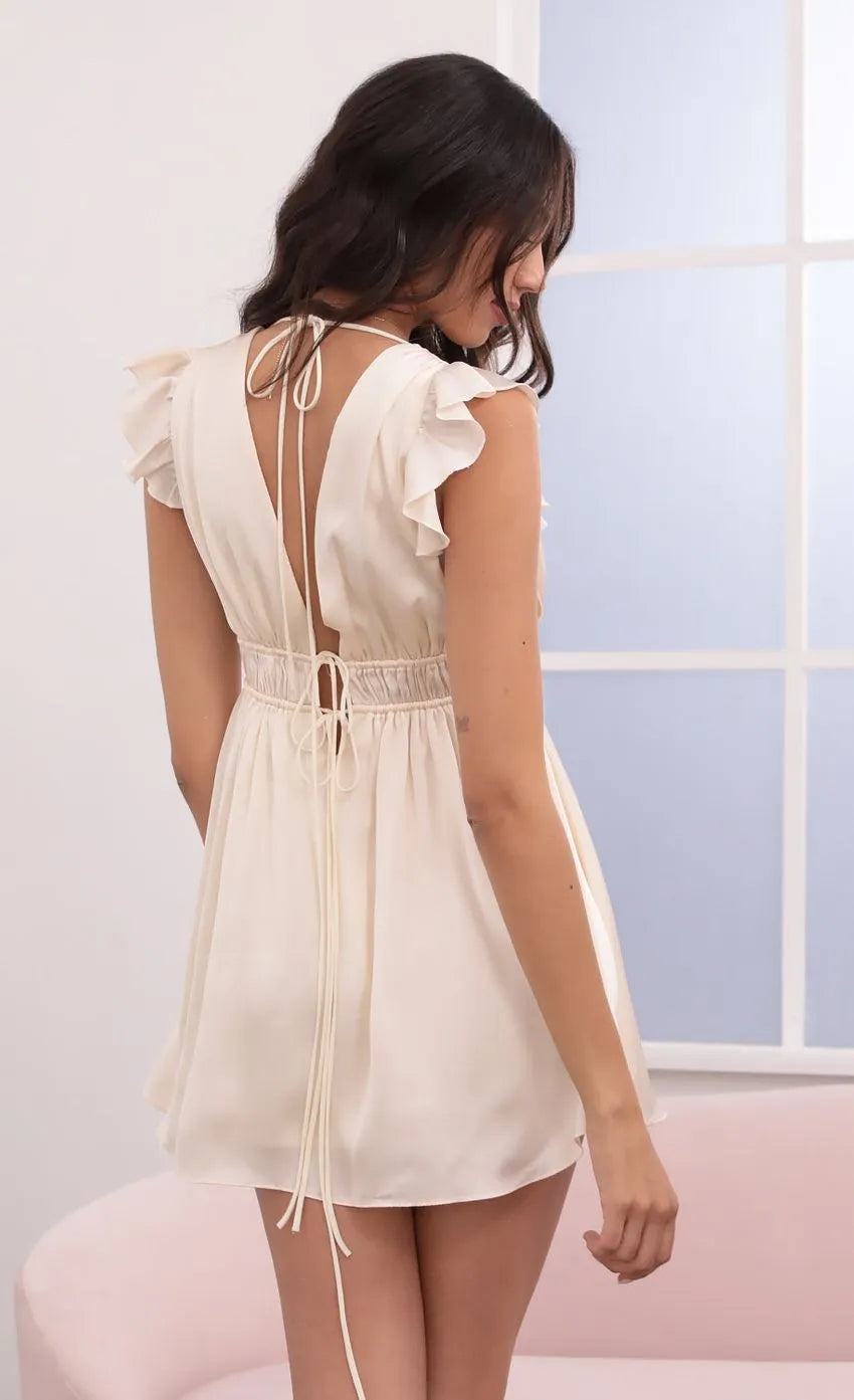 Creamy White Chiffon Homecoming Dress with Deep V  Neck Ruffled Sleeves Waist and Tie Up Detail  Perfect for School Dances
