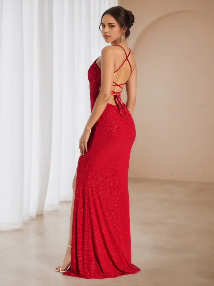 Crimson Glitter Mermaid Prom Dress Plunging V - Neck Spaghetti Straps Side Slit for Dazzling Gala Nights