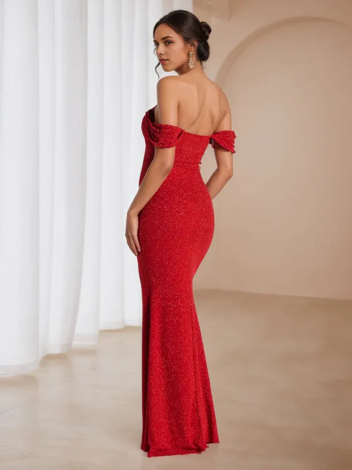 Crimson Glitter Off - Shoulder Prom Dress Ruched Neckline Side Slit for Dazzling Gala Nights