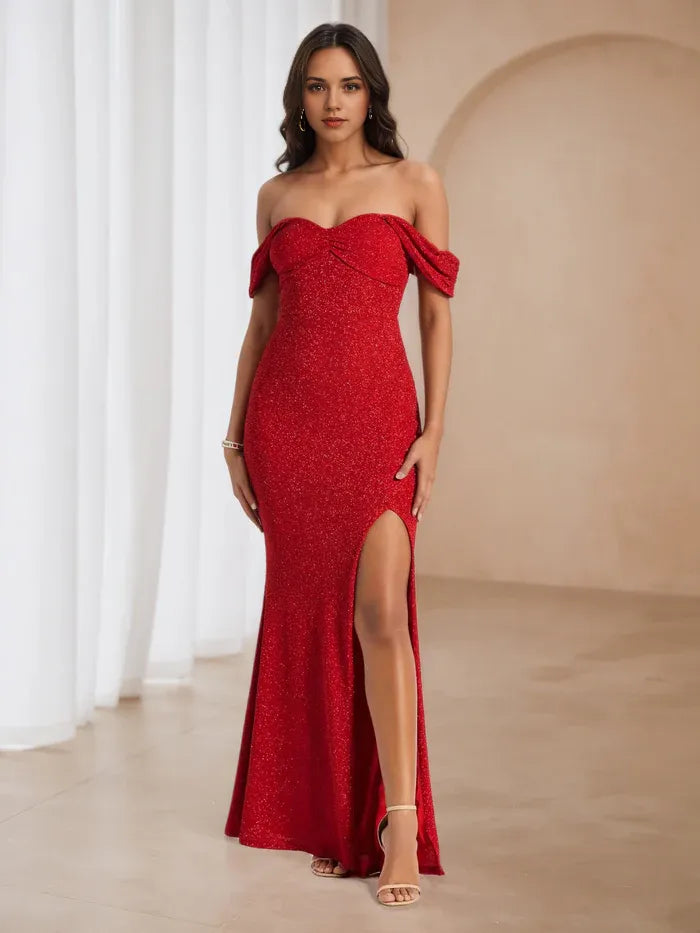 Crimson Glitter Off - Shoulder Prom Dress Ruched Neckline Side Slit for Dazzling Gala Nights