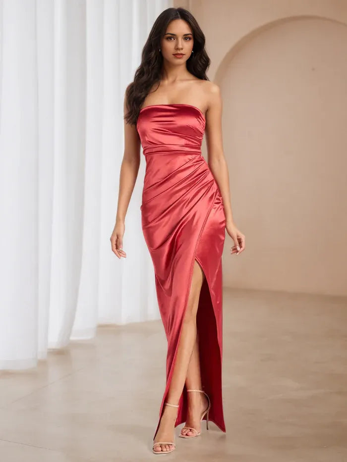 Crimson Satin Strapless Prom Dress Ruched Detailing Side Slit for Timeless Gala Elegance