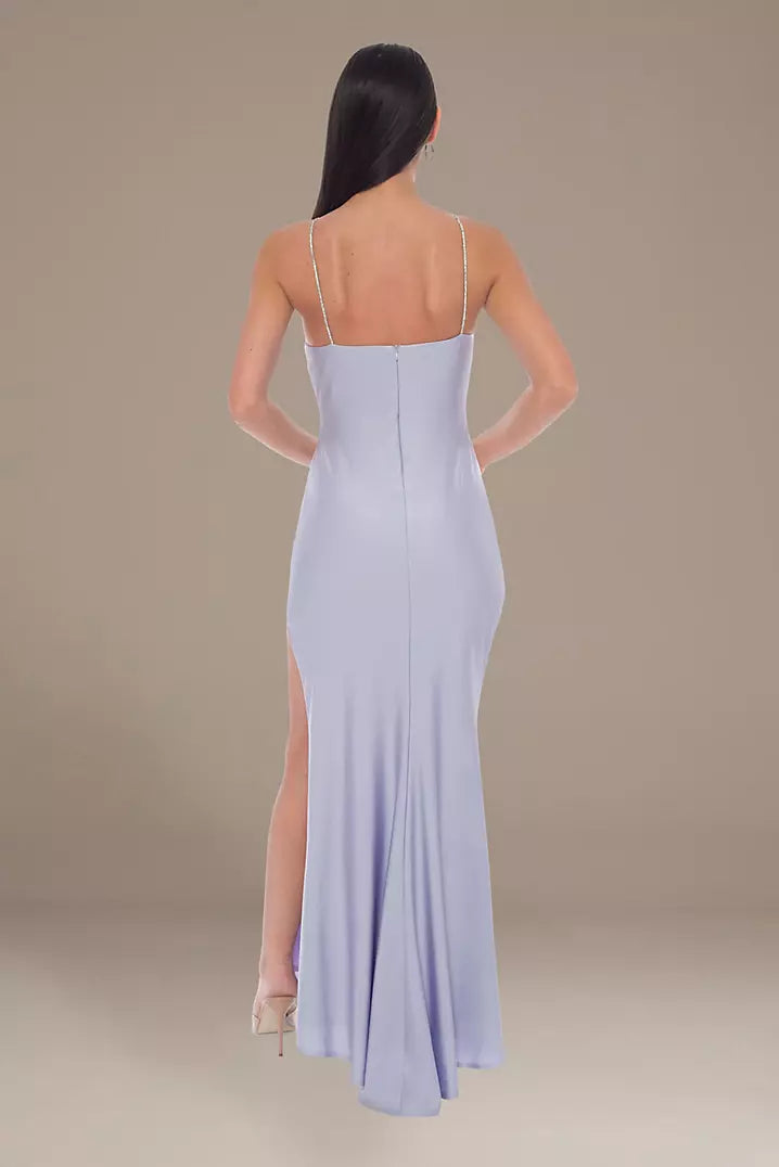 Crystal Strap Sculpting Satin Rosette Party Dress ﻿