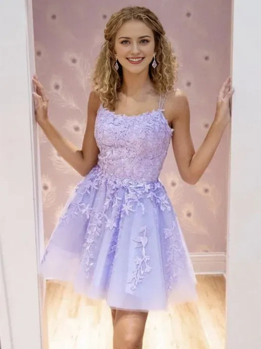 Cute A Line Purple Lace Short Prom Short Lilac Lace Formal Graduation Homecoming Dresses