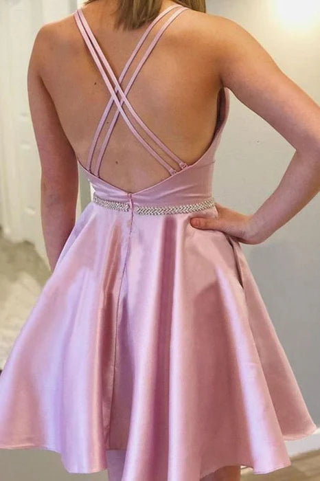 Cute Backless Pink Satin Short Prom with Pocket Short Pink Formal Graduation Homecoming Dresses