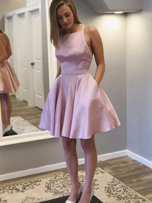 Cute Backless Pink Satin Short Prom with Pocket Short Pink Formal Graduation Homecoming Dresses