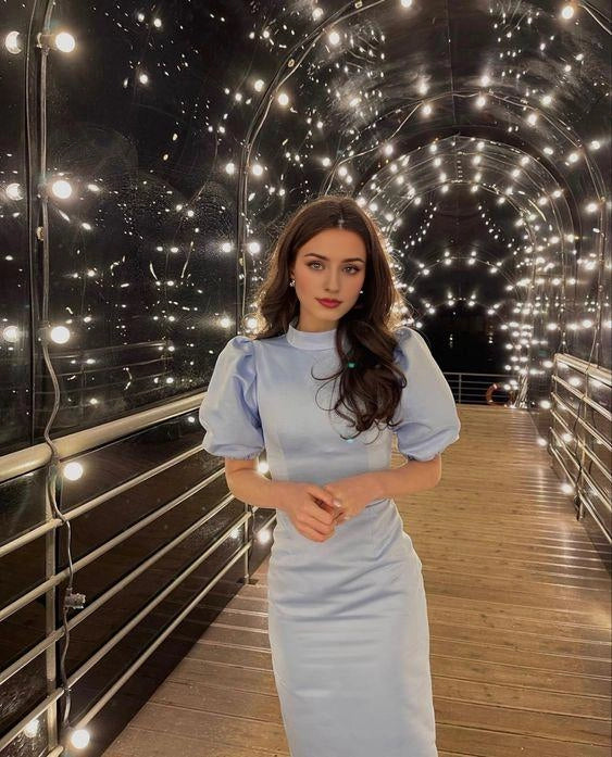 Cute Blue Prom Dresses Short Sleeves Long Dress