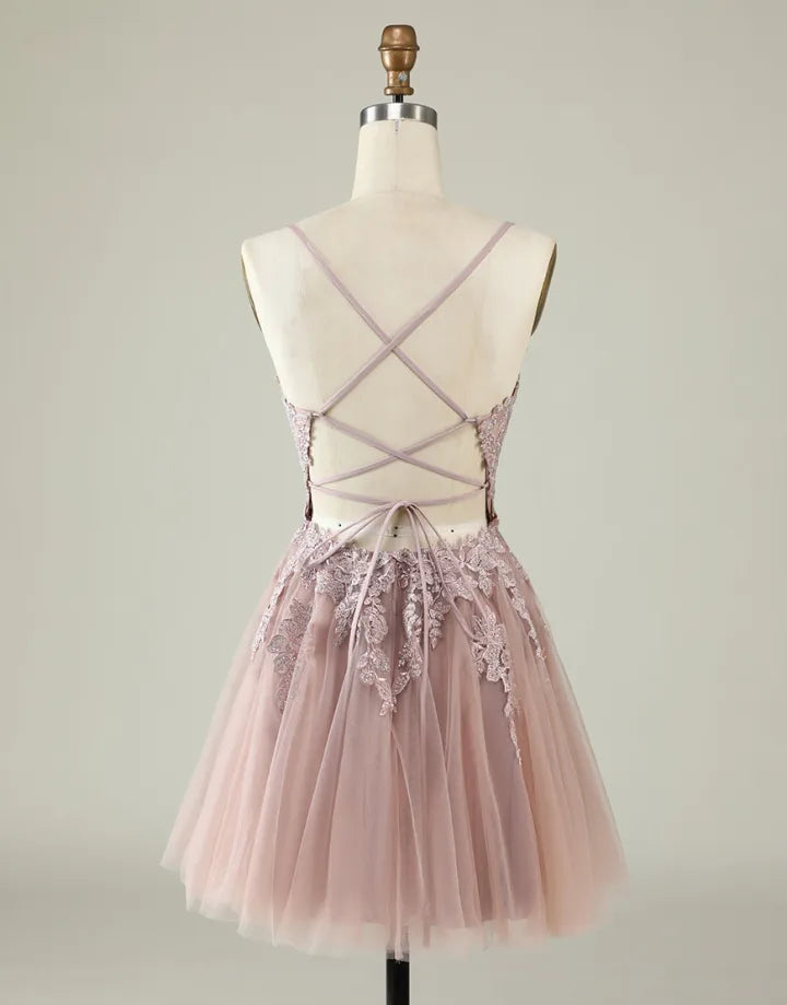 DingJiDress Cute Spaghetti Straps Corset Back Blush Tulle Dress With Appliques