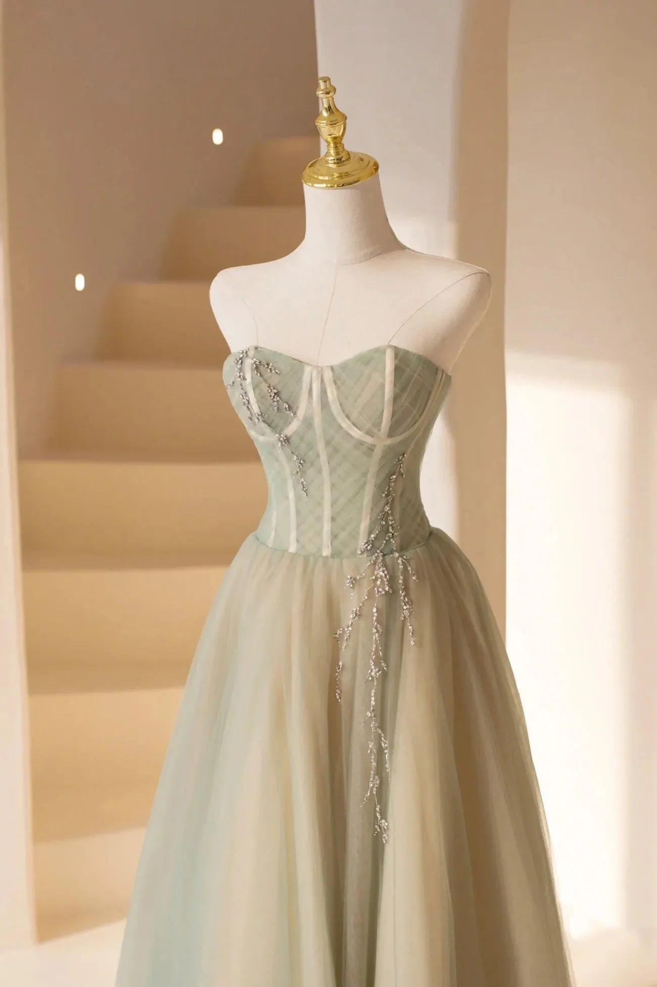 Cute Tulle Tea Length Prom Dress  Green A-Line Strapless Evening Party Dress
