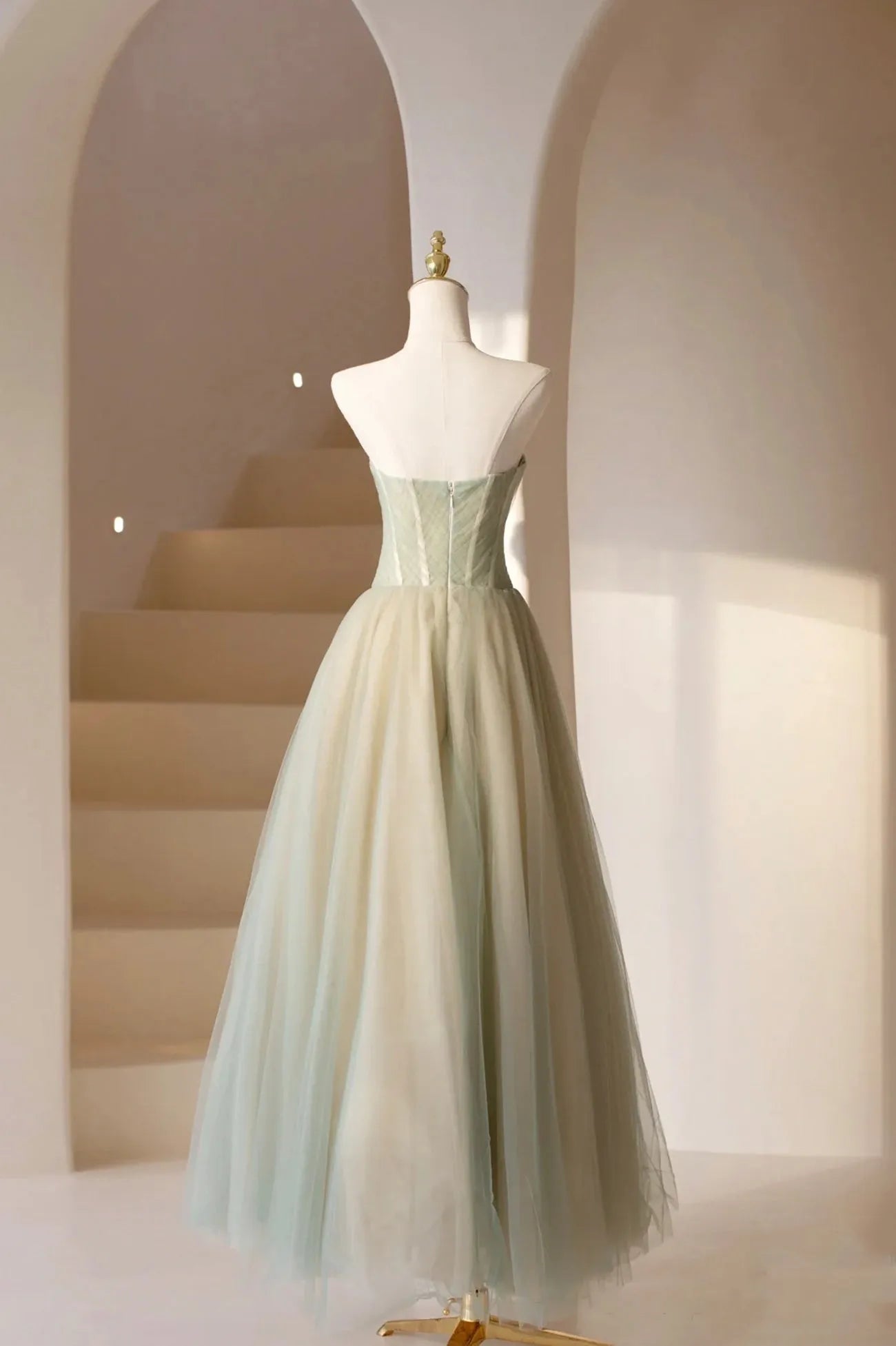 Cute Tulle Tea Length Prom Dress  Green A-Line Strapless Evening Party Dress