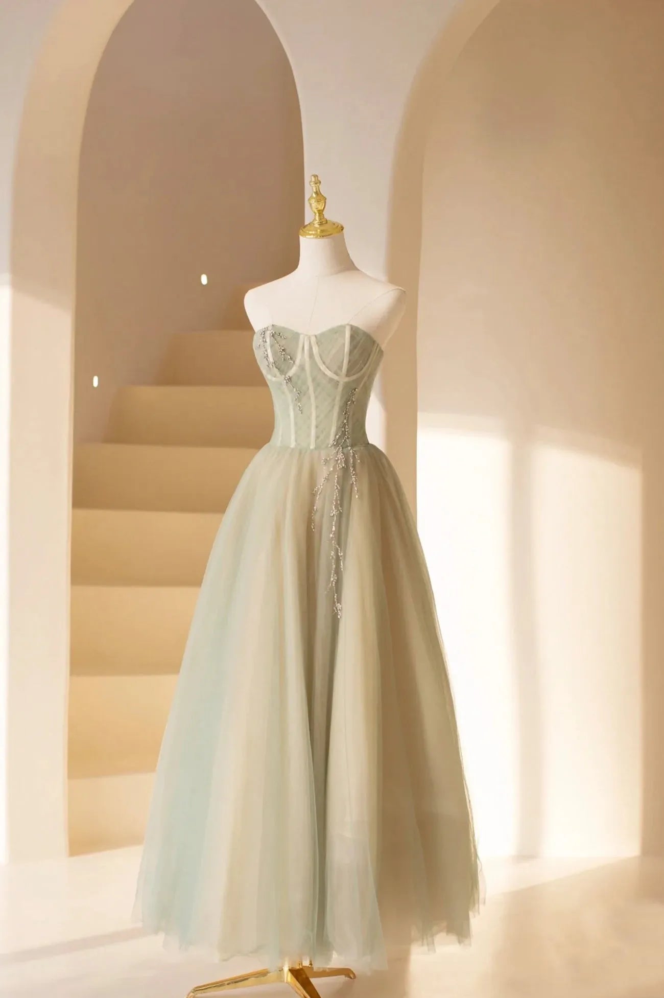 Cute Tulle Tea Length Prom Dress  Green A-Line Strapless Evening Party Dress