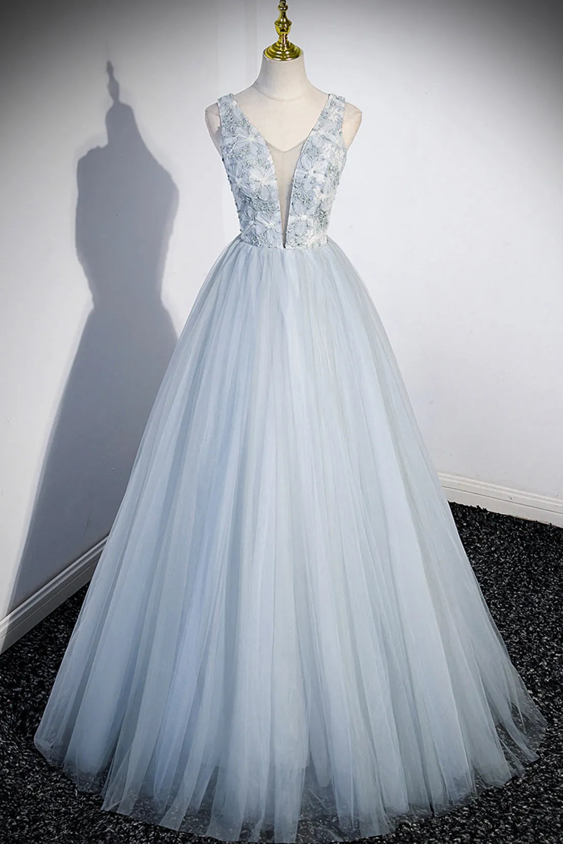 Cute V-Neck Tulle Long Prom Dress Gray Evening Dress Party Dress