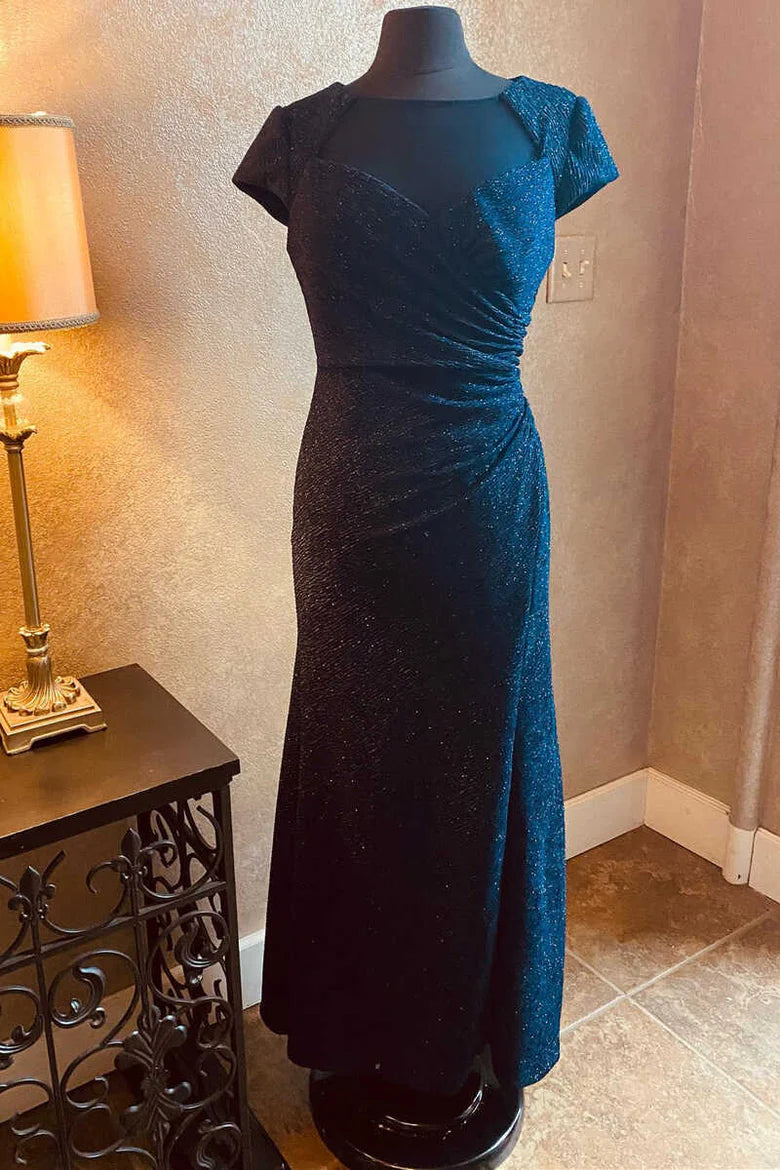 Dark Blue Crew Neck Short Sleeve Ruched Long Mother of the Bride Dress