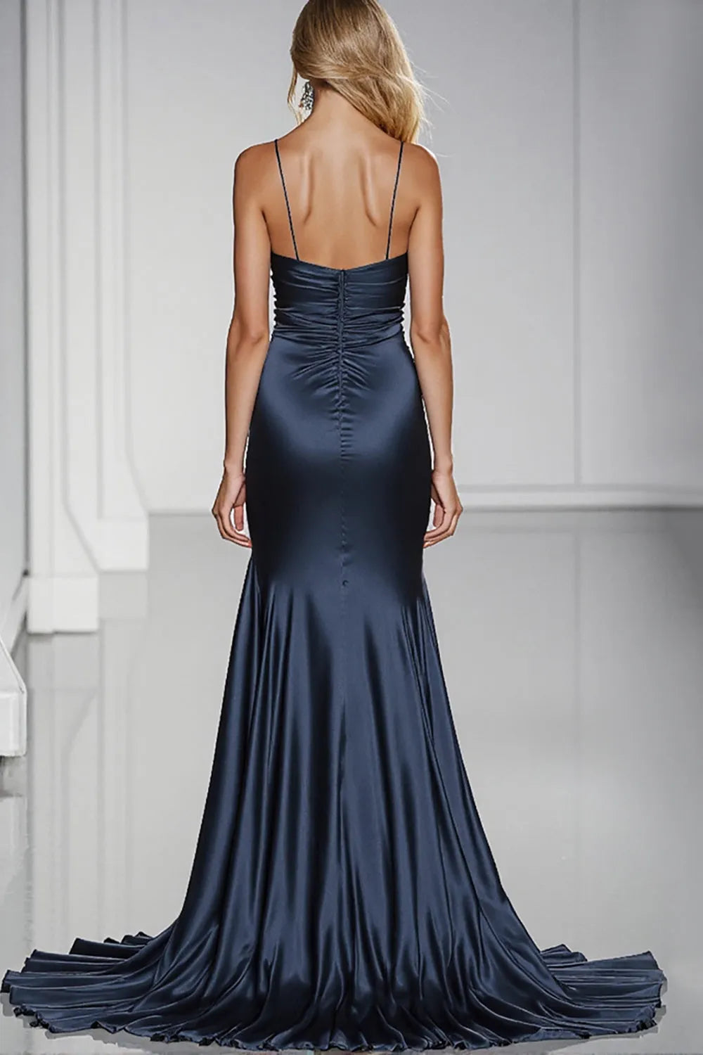 Dark Blue Satin Mermaid Long Formal Dress with Slit ﻿