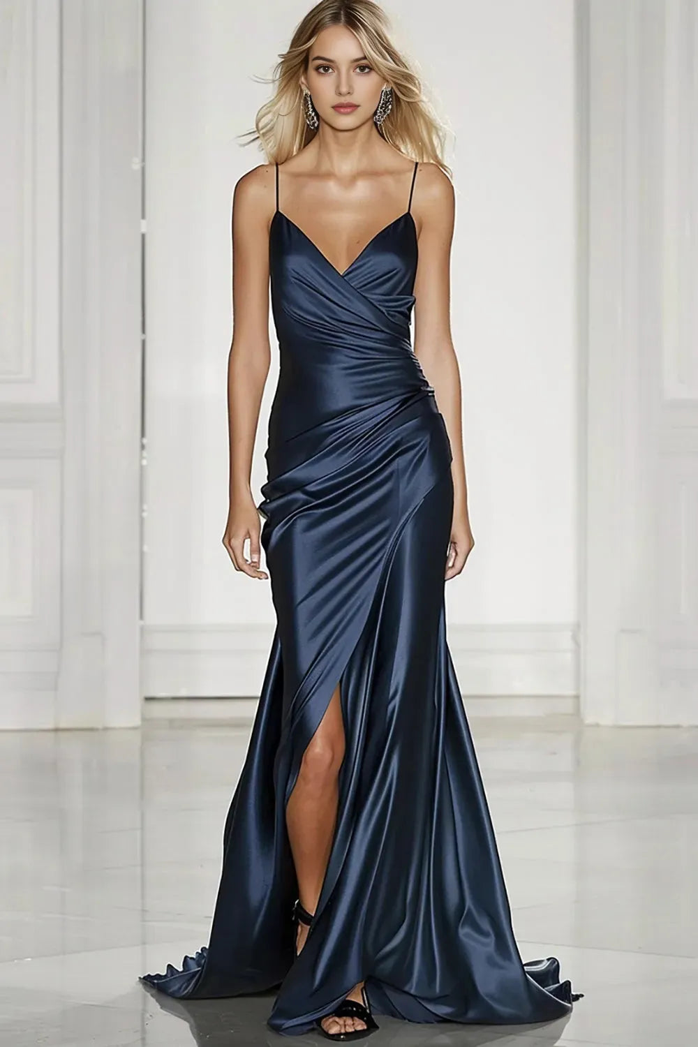 Dark Blue Satin Mermaid Long Formal Dress with Slit ﻿