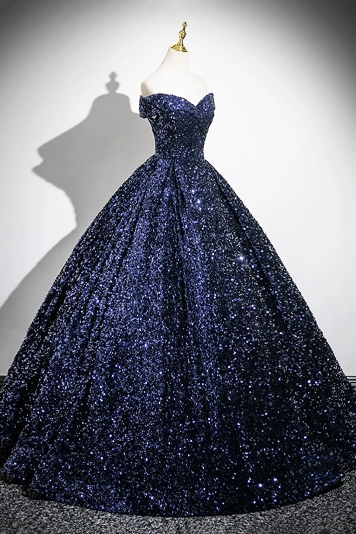 Dark Blue Sequins Long Prom Dress Elegant A-Line Evening Party Dress ﻿