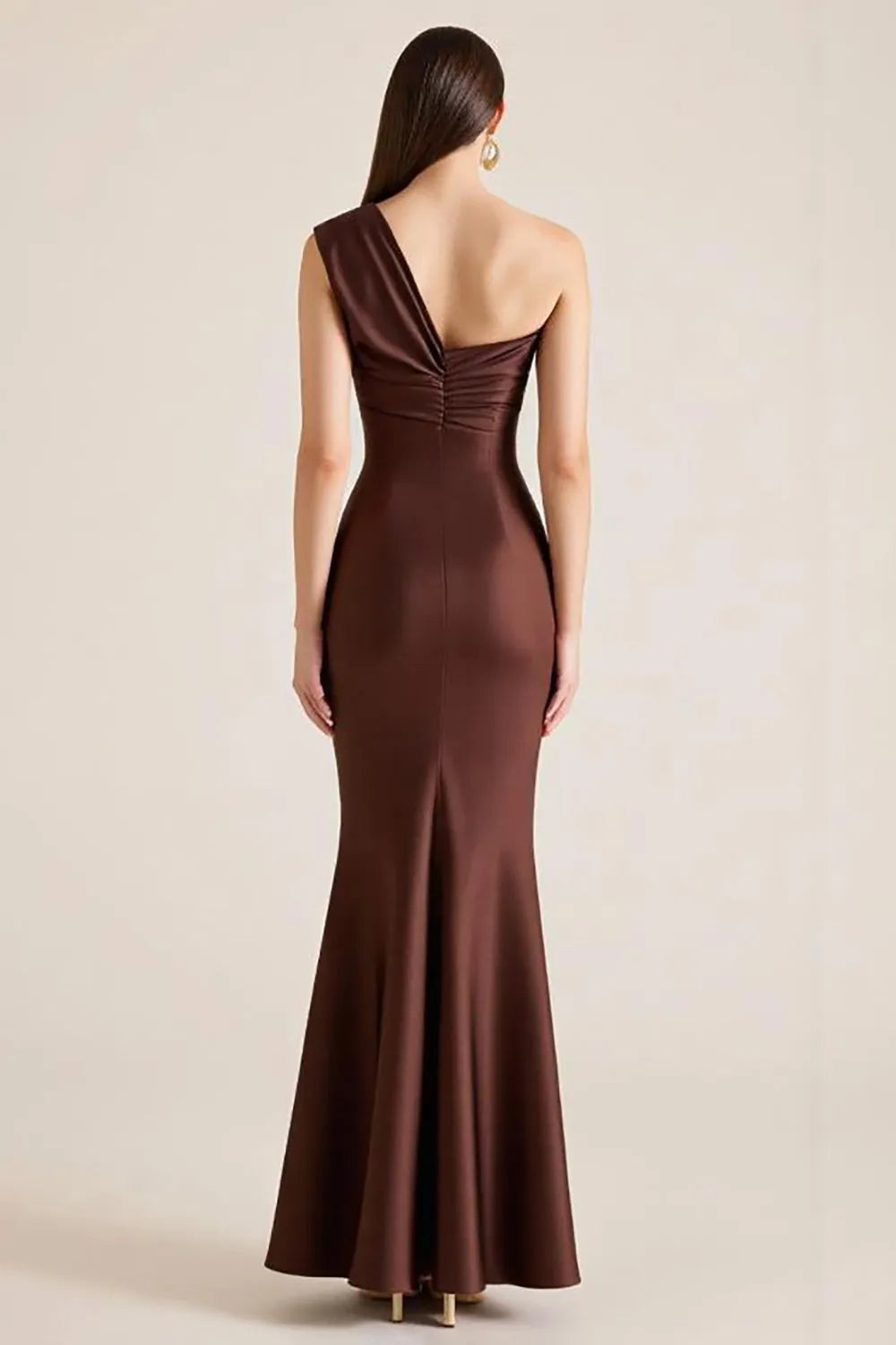 Dark Brown One Shoulder Satin Long Mermaid Evening Dresses