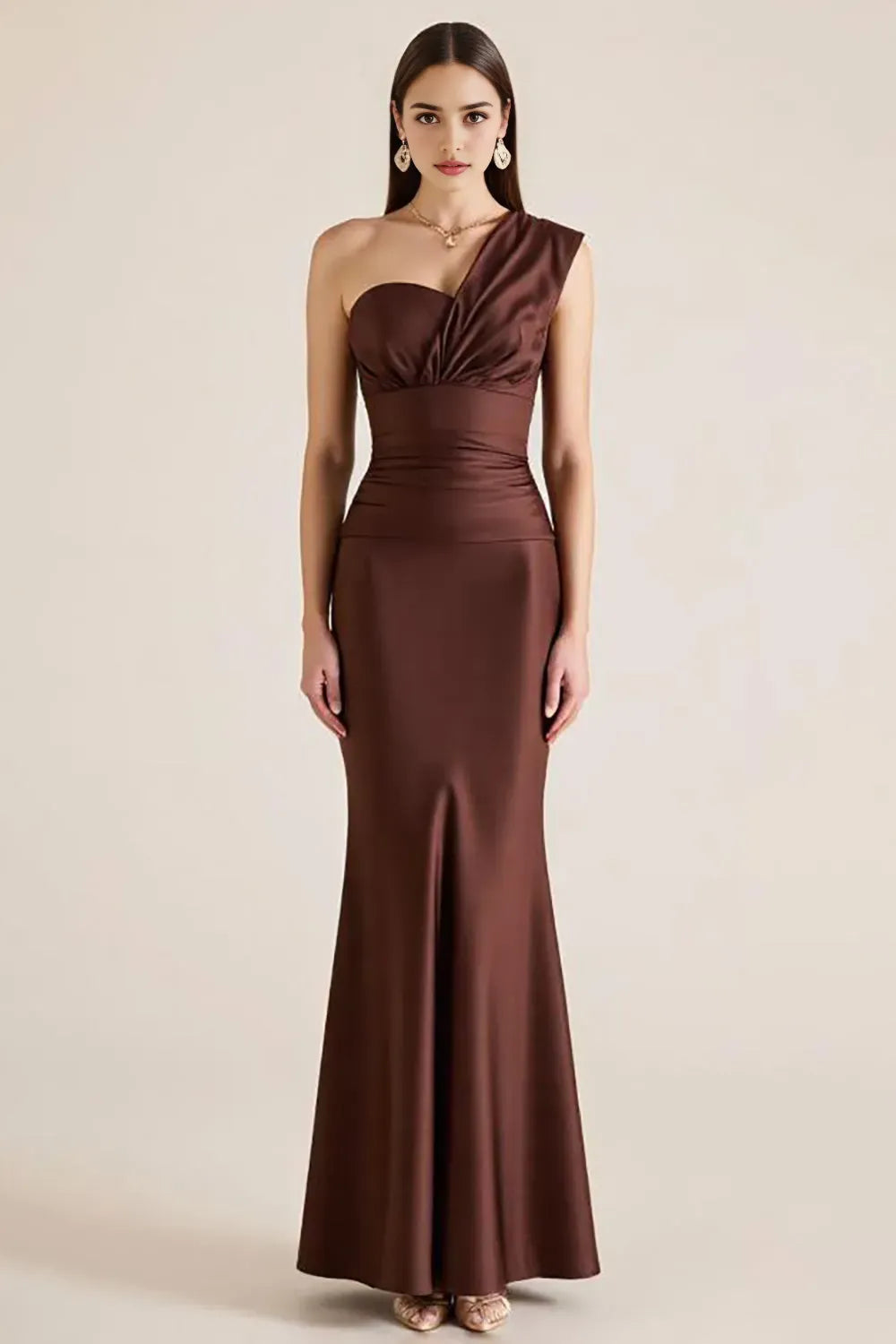 Dark Brown One Shoulder Satin Long Mermaid Evening Dresses