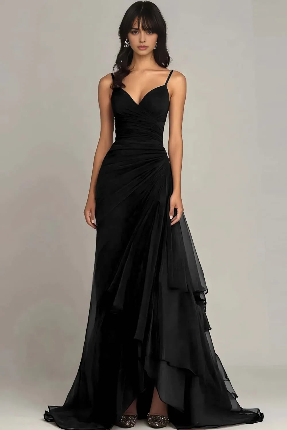 Dark Brown Spaghetti Straps Chiffon Long Evening Dresses with Ruffles