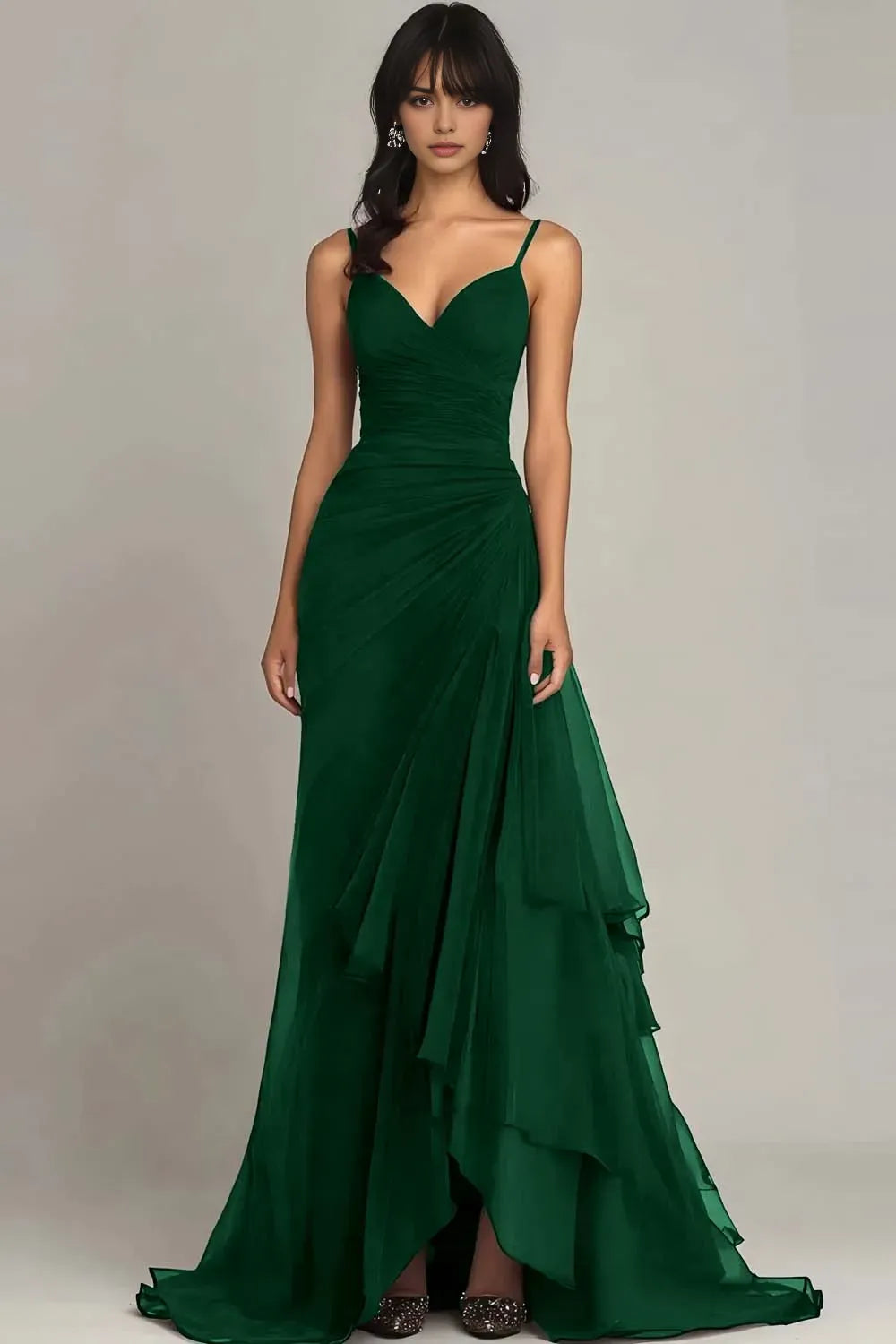 Dark Brown Spaghetti Straps Chiffon Long Evening Dresses with Ruffles