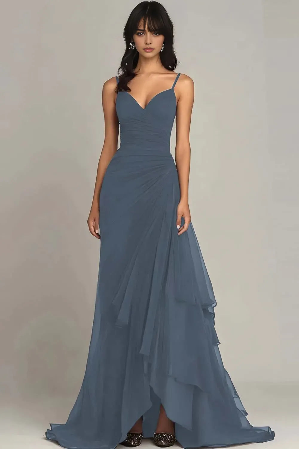 Dark Brown Spaghetti Straps Chiffon Long Evening Dresses with Ruffles