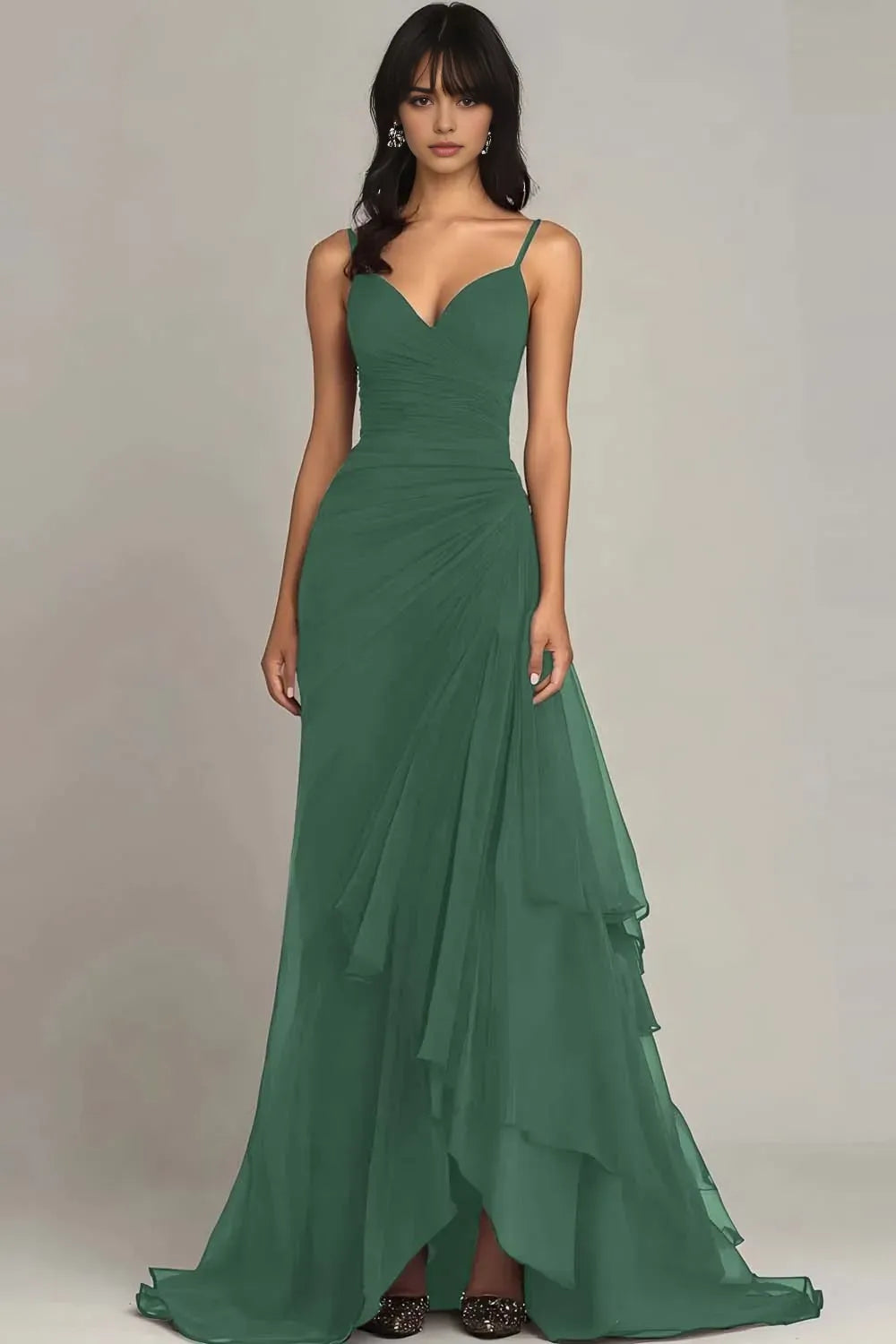 Dark Brown Spaghetti Straps Chiffon Long Evening Dresses with Ruffles