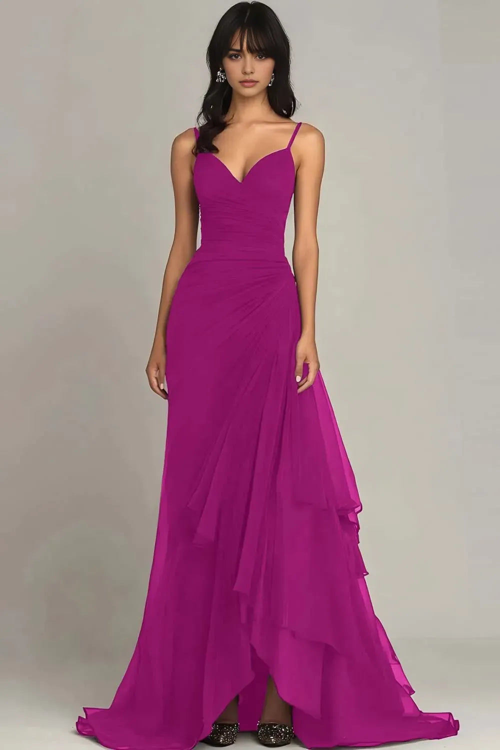 Dark Brown Spaghetti Straps Chiffon Long Evening Dresses with Ruffles