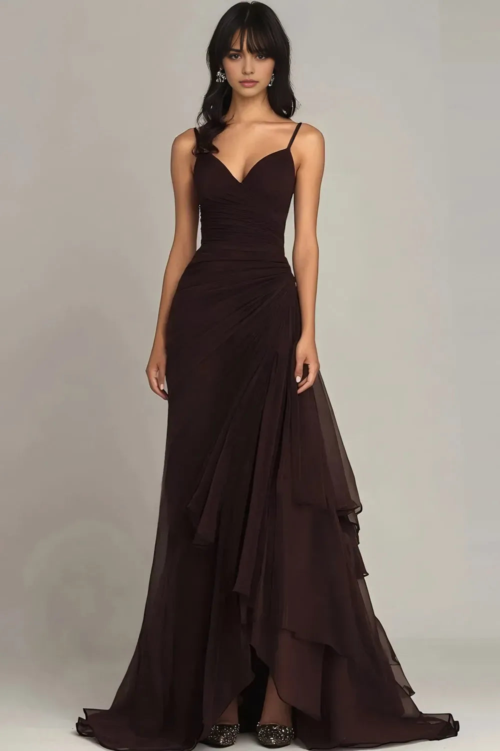 Dark Brown Spaghetti Straps Chiffon Long Evening Dresses with Ruffles