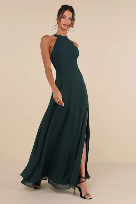 Dark Green Chiffon Halter Neck Prom Dress with High Side Slit Floor Length Elegance for Glamorous Ball Occasions