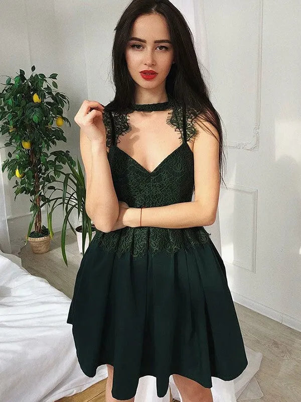 Dark Green Homecoming Dress Lace Bodice Halter Neckline Cut - Out Detail Flared Skirt