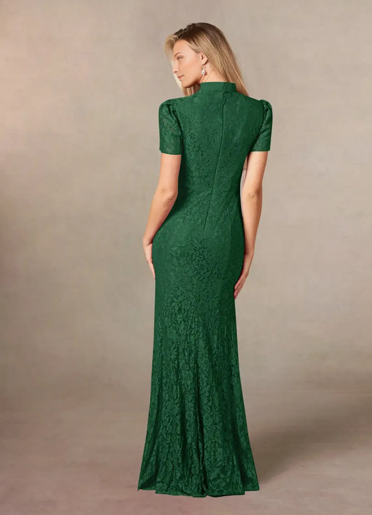 Dark Green Mermaid Lace Chiffon Mother of the Bride Dress with Bow Tie Neckline Short Puff Sleeves and Floral