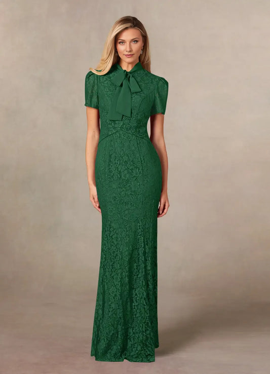 Dark Green Mermaid Lace Chiffon Mother of the Bride Dress with Bow Tie Neckline Short Puff Sleeves and Floral
