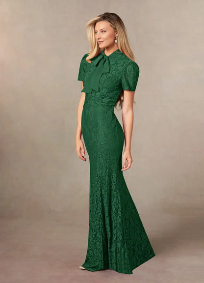 Dark Green Mermaid Lace Chiffon Mother of the Bride Dress with Bow Tie Neckline Short Puff Sleeves and Floral