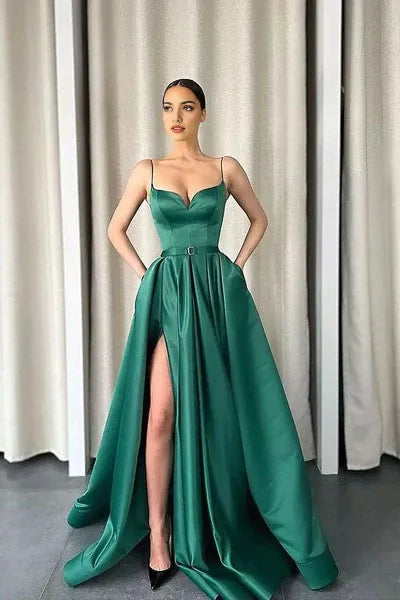 Dark Green Spaghetti-Strapes Slit Evening Dress Long With