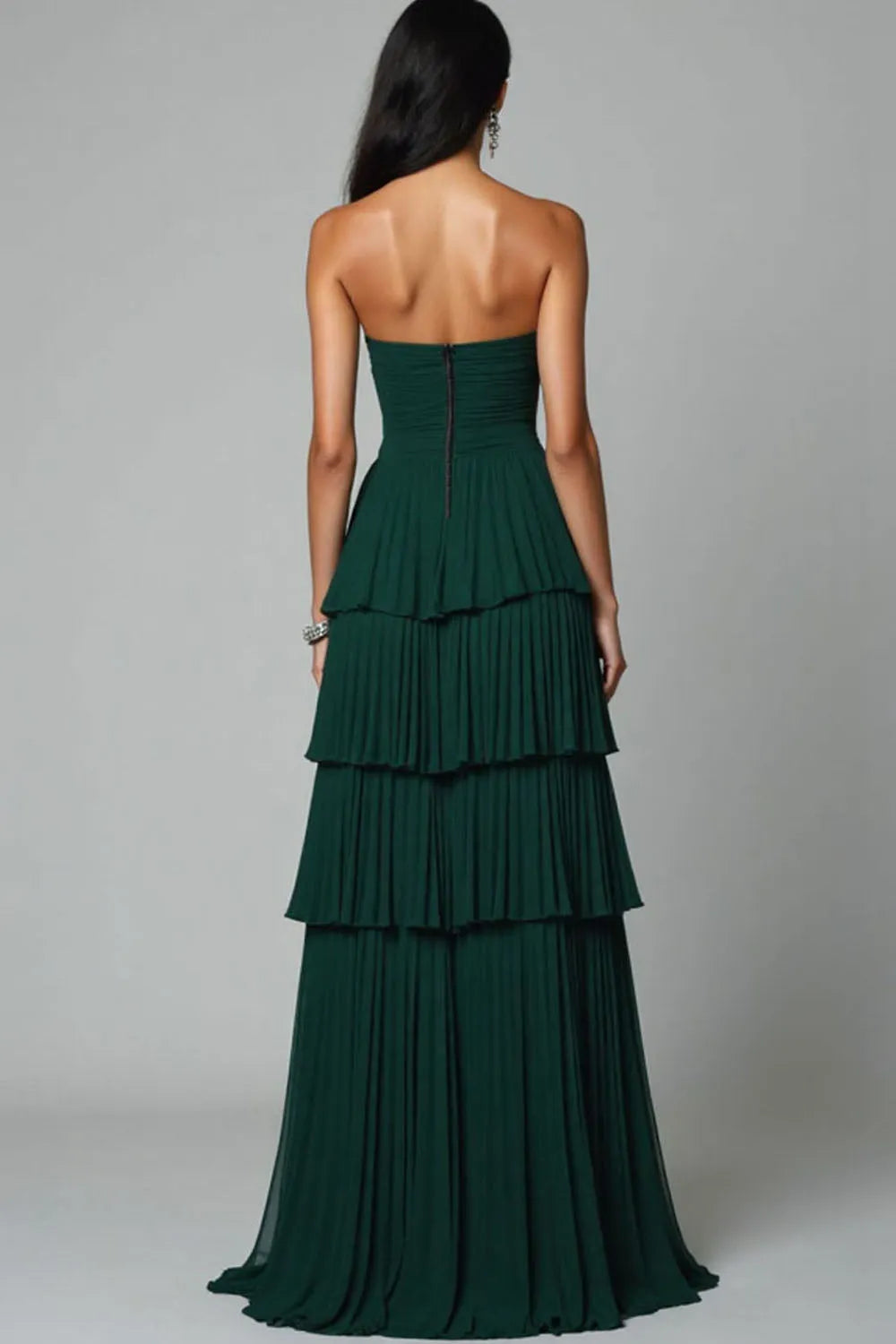 Dark Green Strapless Tiered Party Dress with Slit