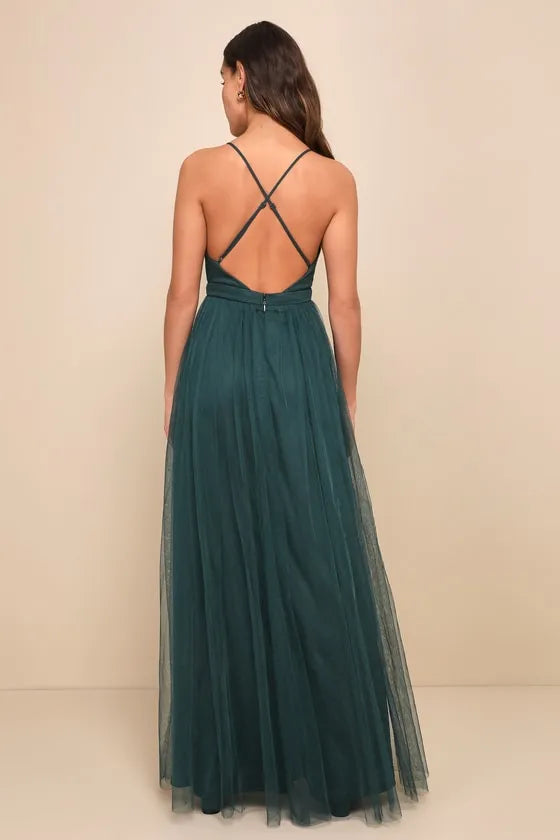 Dark Green Tulle Prom Dress with Plunging V - Neck Sheer Slit Layered Skirt  A Dreamy Choice for Prom
