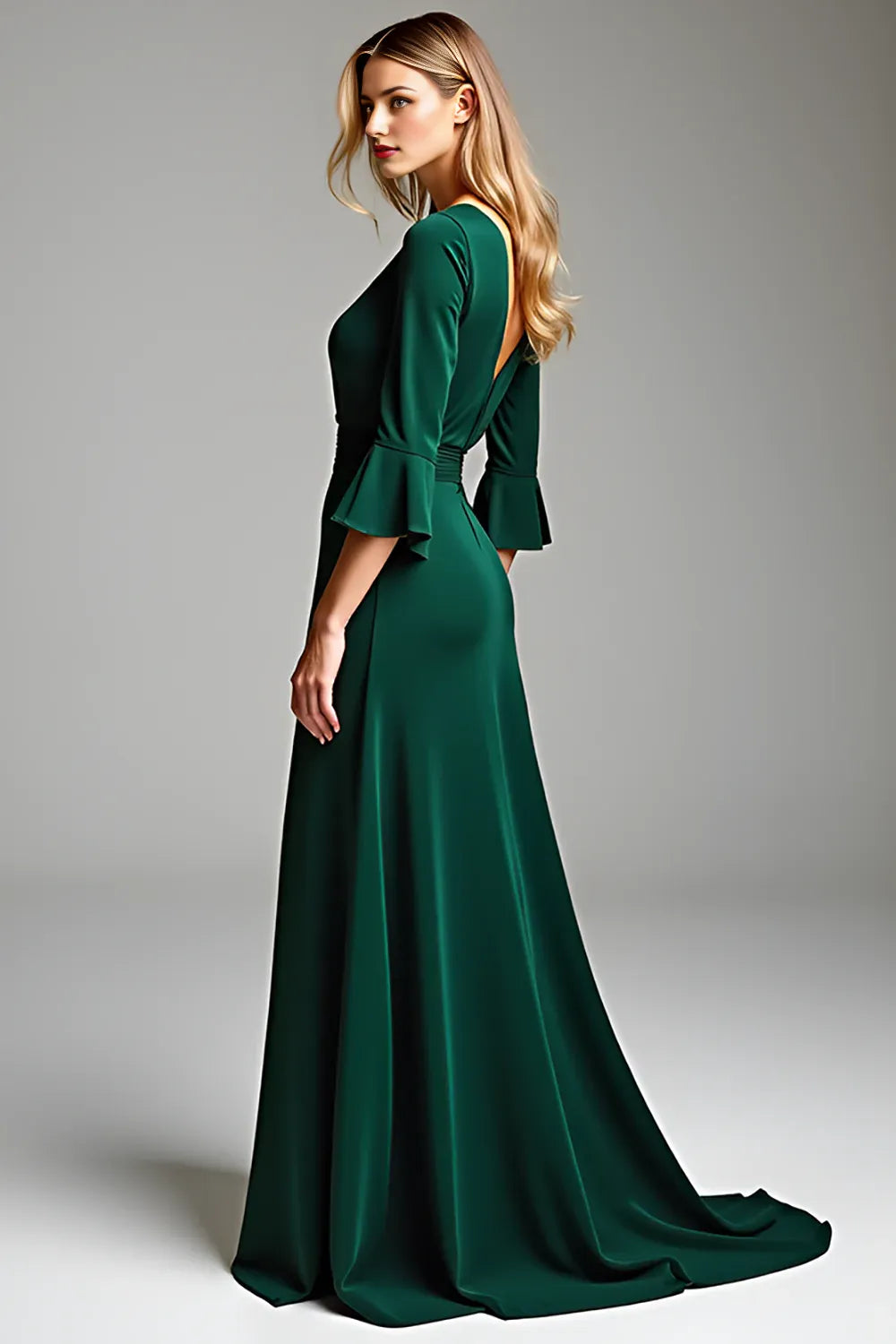 Dark Green V-Neck Long Mother of the Bride Dress with Half