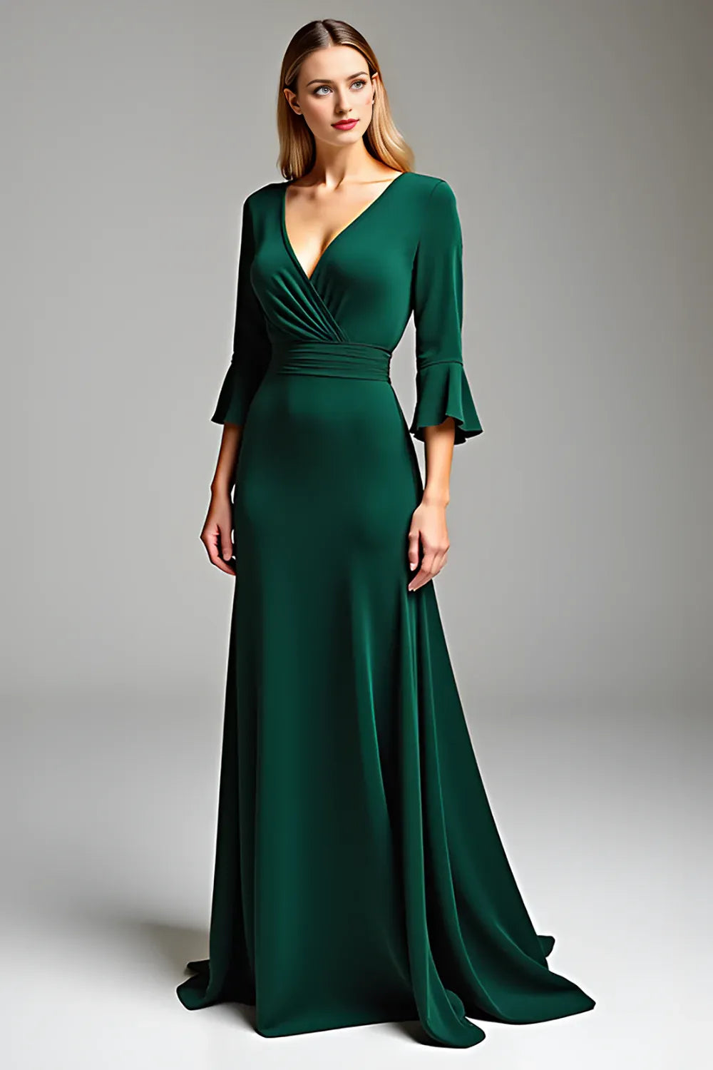 Dark Green V-Neck Long Mother of the Bride Dress with Half