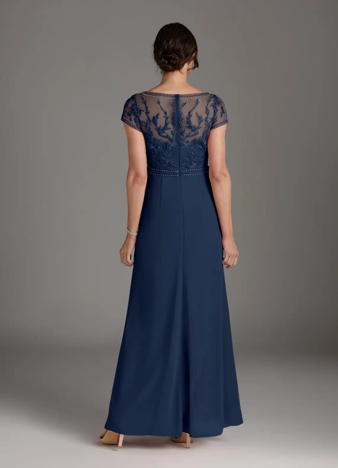 Dark Navy A-Line Lace Chiffon  Mother of the Bride Dress with Sheer Embroidered Bodice Cap Sleeves