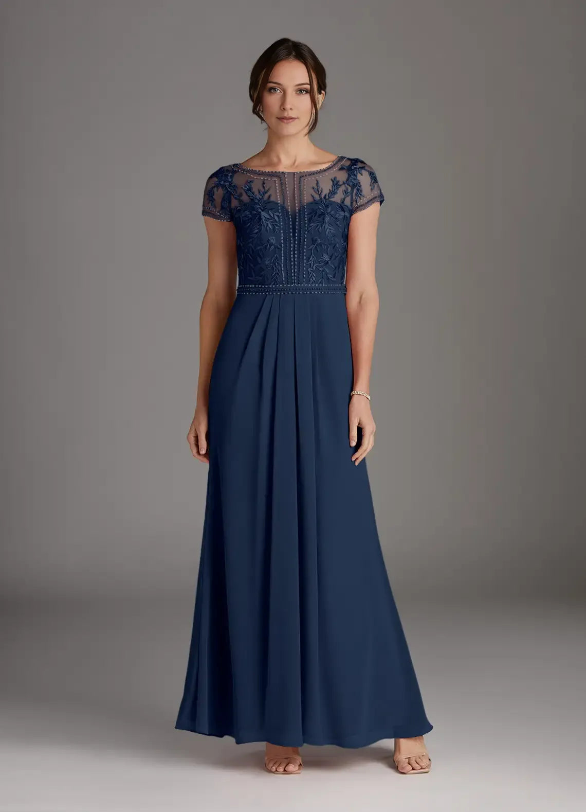 Dark Navy A-Line Lace Chiffon  Mother of the Bride Dress with Sheer Embroidered Bodice Cap Sleeves
