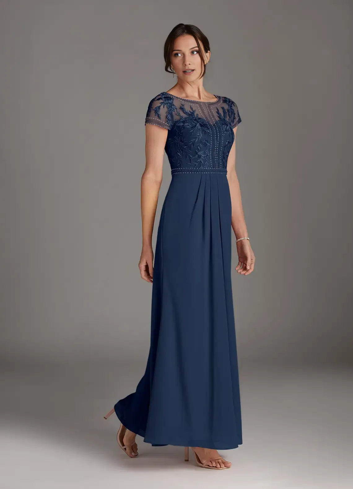Dark Navy A-Line Lace Chiffon  Mother of the Bride Dress with Sheer Embroidered Bodice Cap Sleeves
