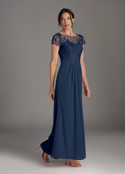 Dark Navy A-Line Lace Chiffon  Mother of the Bride Dress with Sheer Embroidered Bodice Cap Sleeves